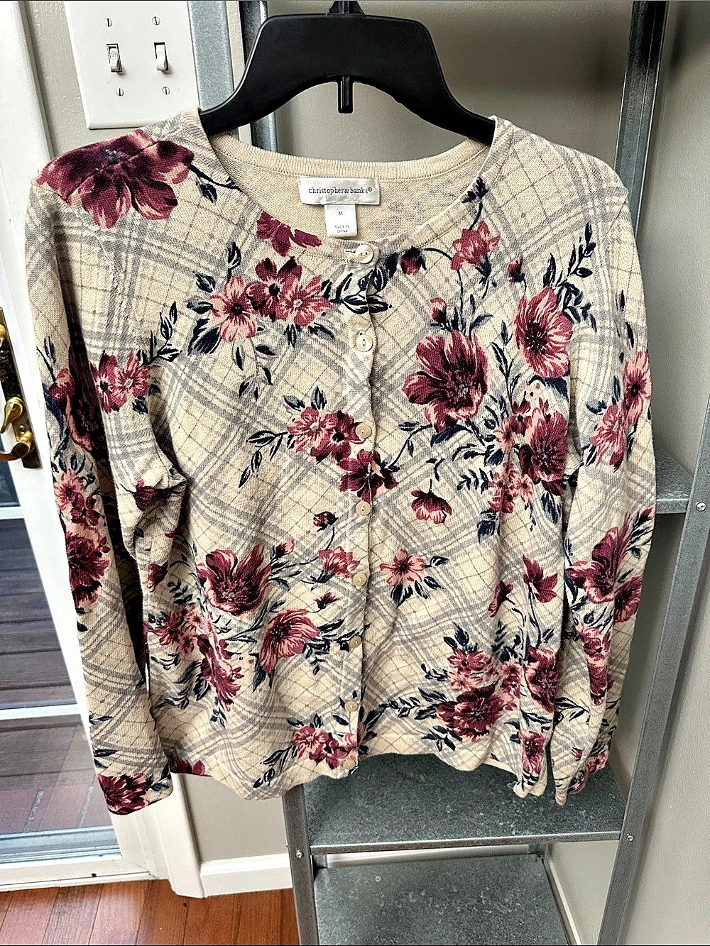 Christopher & Banks Floral Plaid Cardigan Size Medium